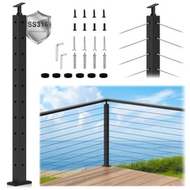 Zylorix 36" SS316 Cable Railing Post Corner Drilled for Coastal Indoor Outdoor, 35"x2"x2" Stainless Steel Adjustable Top Post with Cable Grommets, DIY Cable Railing for Wood Concrete Deck, Black