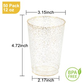 I00000 50 Pack 12 oz Gold Glitter Cups, Gold Glitter Disposable Cups, Gold Plastic Wine Glasses Plastic Cocktail Glasses Heavy Duty Cups, 12 Ounce Gold Glitter Plastic Tumblers For Party