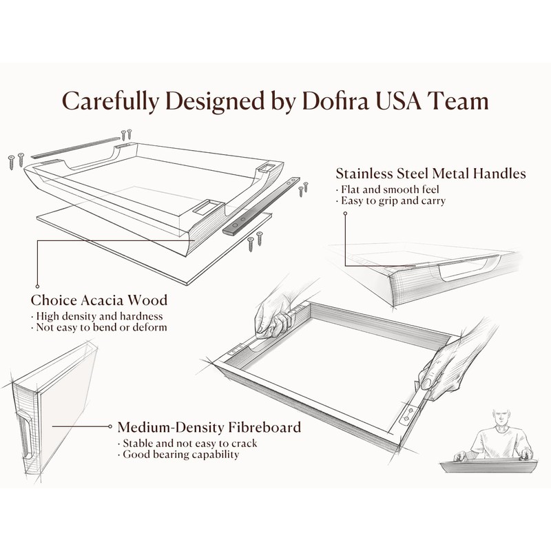 Dofira Acacia Wood Serving Tray with Metal Handles, 17x13in Large