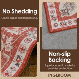 INGEROOM Area Rug 5x7 Boho Machine Washable Area Rug Vintage Kitchen Area Rug with Non Slip Backing for Living Room, Bedroom, Bathroom 5x7 Area Rugs, Red