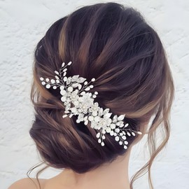 Zoestar Flower Bridal Wedding Hair Vine Silver Pearl Bridal Headband Rhinestone Leaf Hairpiece Hair Accessories for Women and Girls