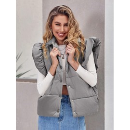 Tankaneo Womens Puffer Vest Ruffle Sleeveless Button Down Winter Warm Padded Gilet Coats