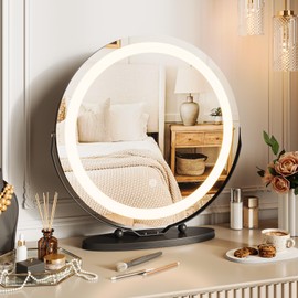 IDEALHOUSE 19" Round Vanity Mirror with Lights, Large Vanity Mirror with 3 Color Lighting Dimmable, Smart Touch Control, 360°Rotation Makeup Mirror for Bedroom, Dressing Room, Tabletop，Black