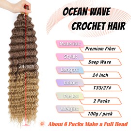 Ocean Wave Crochet Hair Deep Wave Braiding Hair 24 Inch 2 Packs Curly Wavy Hair for Boho Braids Synthetic Hair Extensions for Black Women (Ombre Blonde)