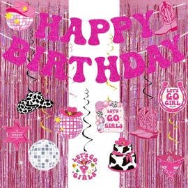 Cowgirl Birthday Party Decorations, Pink Disco Party Supplies with Foil Fringe Curtain, Hot Pink Happy Birthday Banner, Hanging Swirls for Girls Birthday Bachelorette Party