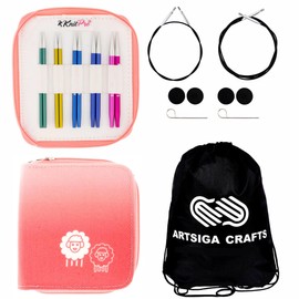 KnitPro Zing Starter Set 4 inch Circular Knitting Needles Size 2.5, 4, 6, 7, 8 Interchangeable, 2 Cables, 4 Caps, 2 Keys, Fabric Case with Project Bag