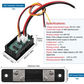 VooGenzek 0.28" LED Voltmeter Ammeter, Red and Blue Detector Voltage Current Meter Panel Amp Volt Gauge, DC 0-100V 50A, with 50A Current Shunt, for Multimeter Amperage Meter Volt Amp Gauge Panel