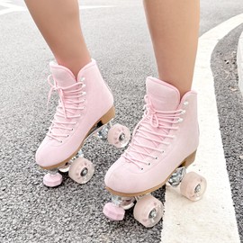 Roller Skates for Women or Men with Height Adjustable Rubber Stoppers Retro Suede Quad Roller Skates for Outdoor and Indoor (Pink, 9)