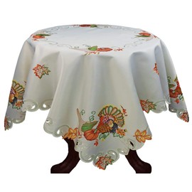 Creative Linens Fall Harvest Thanksgiving Tablecloth, Embroidered Turkey Pumpkin Maple Leaf Sunflower Ivory Holiday Decoration, 52” Square Topper