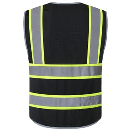 JKSafety 10 Pockets Hi-Vis Neon Color Frontal Zipper Mesh Safety Vest for Men Women Safety Utility for works Comply to ANSI/ISEA Standards (86-Black M)