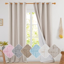Deconovo 100% Blackout Curtains for Living Room, Double-Side Room Darkening Curtains for Bedroom, Faux Linen Drapes (Linen, W52 x L84, 2 Panels)