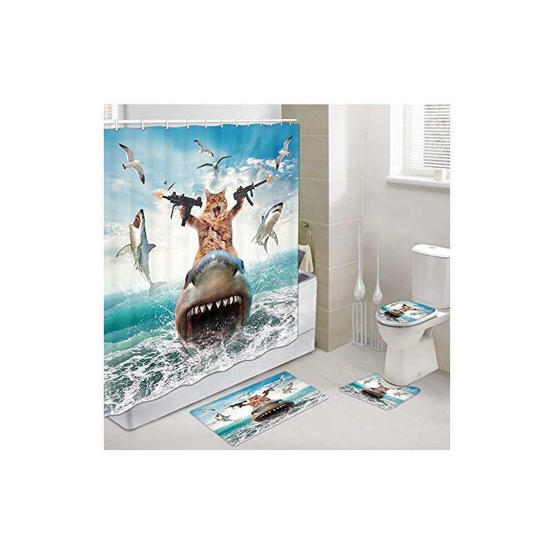 Grtuspr Funny Shower Curtain, Cat Shower Curtains Set with 12