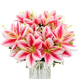 FOUSUKA 4 Bundles Artificial Tiger Lily Silk Flowers Faux Fake Lilies Plants for Wedding Bouquet Home Party Indoor Table Hotel Office Vases Floral Arrangements Outdoor Garden Decor (Rose Pink)