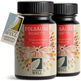 NatureWell Folic acid BIOACTIVE 400g - 2x365 folic acid tablets with bioactive folic acid (L-5-MTHF) - optimally high dosage - desire to have children & pregnancy - laboratory tested with certificate - 100% vegan