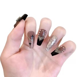 PIVHWIR Press On Nails, Reusable Glossy Long Fake Nails, 3D Heart Design Press On Nails, Stick On Nails, Rhinestone Fake Nails-Black (S)