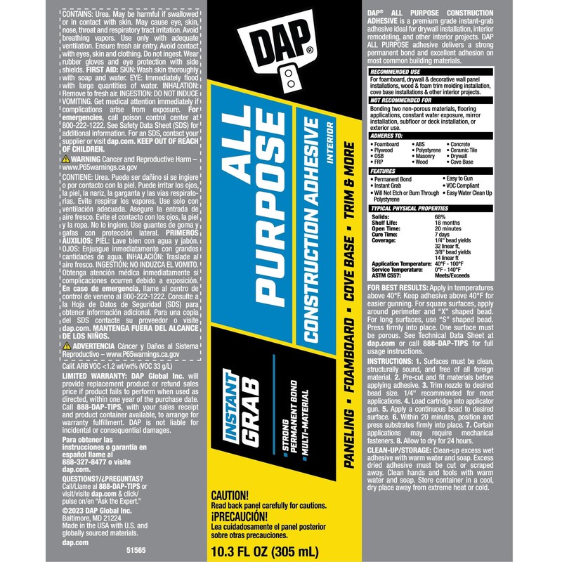 DynaGrip 7079827501 DAP Construction Adhesive 10.3 oz Purpose, White