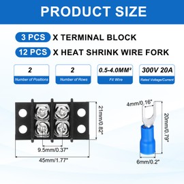 sourcing map 3Pcs Terminal Block 300V 20A Dual Rows 2P Circuit Screw Terminals Barrier Strip PA66 with 12Pcs 16A Heat Shrink Wire Fork Connectors for Wire Connect