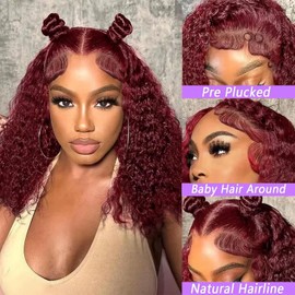 12INCH 99J Burgundy Water Wave Lace Front Wigs Human Hair Deep Curly Short Bob Wig Human Hair Pre Plucked 200% Density Lace Frontal Wigs for Black Women 13x4 Hd Deep Wave Glueless Wig