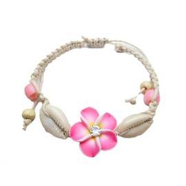 Aloha Passion Hand Made Polymer Clay Plumeria Flower w/CZ Cubic Zirconia & Cowry Cowrie Shell on Hemp Adjustable Bracelet/Anklet (Pink)