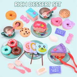 REMOKING Mermaid Toys for Girls,48 PCS Kids Tea Set for Kids,Pretend Play with Desserts,Tin Teapot,Educational Play Food Princess Gift,Toddler Toys for 3-8 Year Old Girls Boys