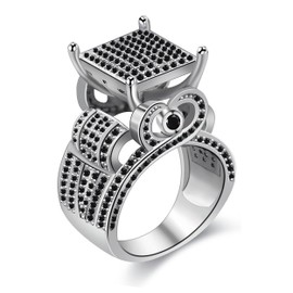 Uloveido Luxury Platinum Plated Black Cubic Zircon Rings for Women Vintage Charm Jewelry Love Statement Cocktail Ring (Silver Color, Black CZ, Size 5)