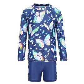 Aisyee Girls Two Piece Rash Guard Swimsuits Set with Swim Kids Long Sleeve Bathing Suit Swimwear Set Navy Blue Butterflies Size 6/6x