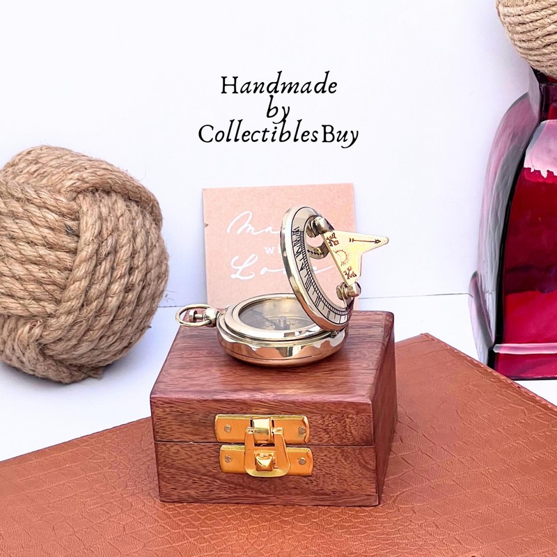 Marine Sundial Compass with Nautical Solid Wooden Box Vintage Brass