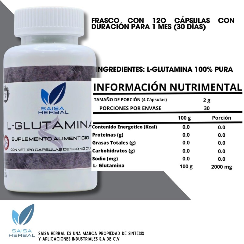 L-Glutamina 100% Puro 120 cápsulas con 500 mg c/u. Calidad