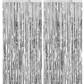 Metallic Tinsel Foil Fringe Curtains 2Pcs 3.2x8.2ft Wedding for Birthday Engagement Bridal Shower Bachelorette Holiday Celebration Baby Shower Party Decorations and Photo Booth Props Silver