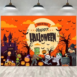 CHEUNGHAO Halloween Background Banner, 180 x 110 cm Halloween Banner Backdrop, Halloween Pumpkin Head Zombie Witch Castle Bat Backdrops, Halloween Outdoor Party Supply Photography Background Poster