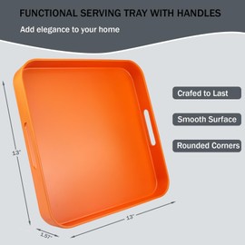 SforGUVA Square Orange Decorative Serving Tray with Handles, Versatile Ottoman Tray for Coffee Table, Entertaining, Outdoor Patio, Living Room, 13”*13”*1.6”