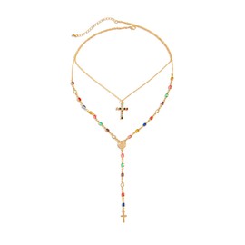 Riymusry 2Pcs/set Colorful Crystal Necklace for Women,Rhinestone Cross Pendant Clavicle Chain Necklace,Summer Long Tassel Crystal Chest Chain Jewelry, Medium, Metal, No Gemstone