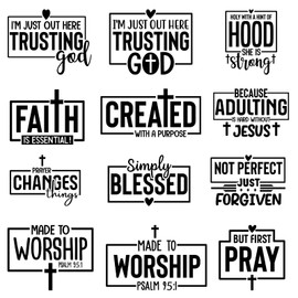 12Pcs Bible Verse Jesus God Iron on Decals for Clothing DIY Heat Transfer Vinyl Stickers for T-Shirt Jeans Pillow Cover Craft Appliques Decor