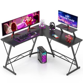 Mr IRONSTONE Gaming Desk with LED Lights, L Shaped Desk Corner with Cup Holder & Headphone Hook, Computer Desk Home Office Desks with Large Monitor Stand, Carbon Fiber Surface, Black 51 Inch