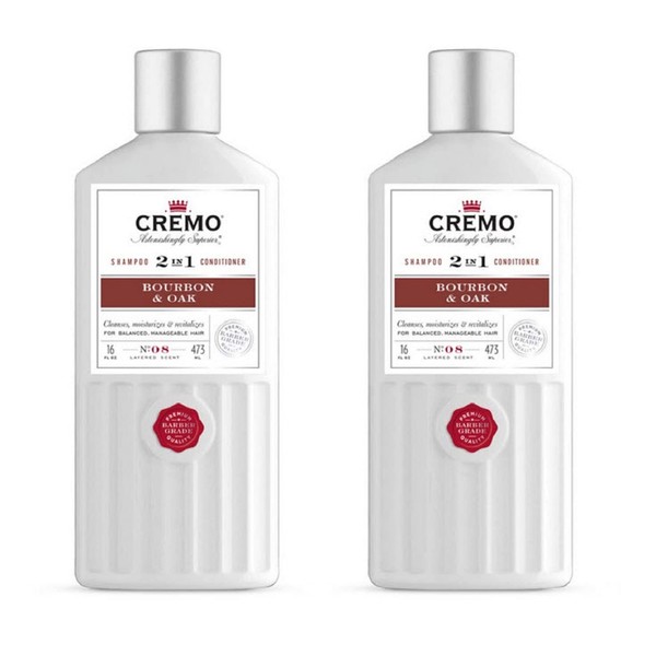 Cremo Bourbon & Oak Barber Grade 2-in-1 Shampoo & Conditioner, 16 Fl Oz (2-Pack) - A Sophisticated Blend of Distiller’s Spice, Fine Bourbon and White Oak
