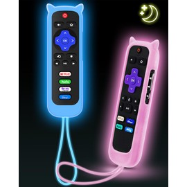 2Pack ONEBOM Cover for Roku Remote with Cat Ears Design, Silicone Skin Case Fit with Hisense/TCL Roku TV, Steaming Stick/Express, Universal Replacement Controller. Glow in The Dark,Blue/Pink
