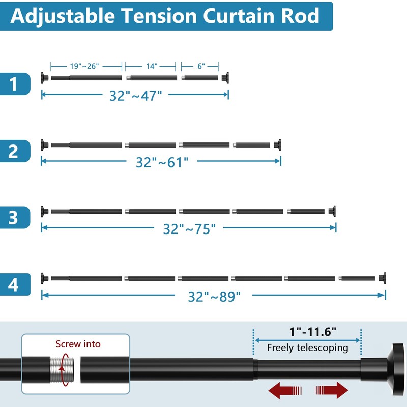 Bonpally Adjustable Tension Curtain Rod, 32-75 Inches Non-Slip Stainless Steel