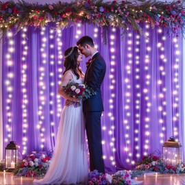 10ft x 10ft Lavender Sheer Tulle Backdrop Curtain with Lights String- Wedding Backdrop Decorations for Reception Ceremony Home Party Photoshoot Background Fabric Curtains Backdrop