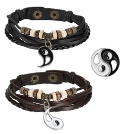 OIDEA Paar Armband Set Leder: 2 Stück Vintage Braun Lederarmband Yin Yang Taichi Magnet Herz Puzzle Anhänger geflochtene handgefertigt Verstellbare Rerto Handgelenk Armreif Geschenk