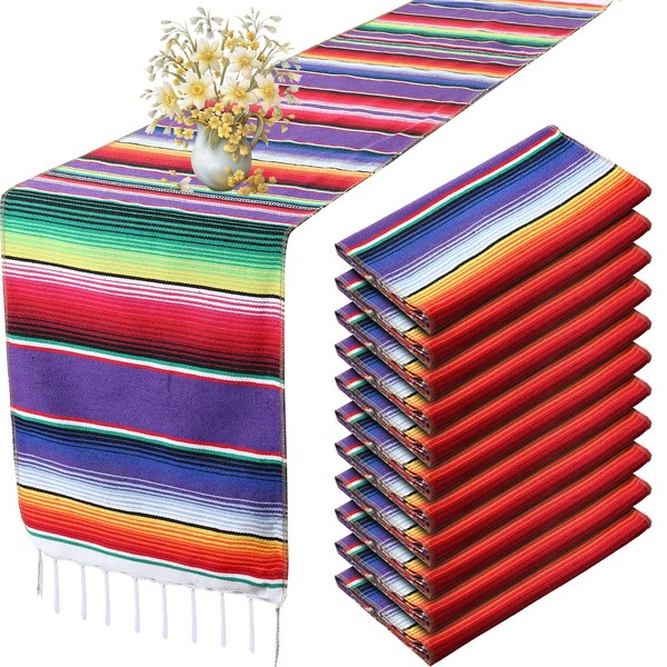 12 Pcs Mexican Serape Table Runner Mexican Party Table Blanket Serape Colorful Striped Runner Fringe Cotton Table Runner Decoration for Cinco De Mayo Fiesta Party Wedding 14 x 84 Inch (Classic Style)