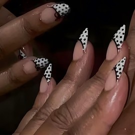 White French Tip Press on Nails Short Almond Fake Nails with Design Black Dot Bow Acrylic Nails Artificial Full Cover Manicure Stick on False Nails for Women 24 Pcs