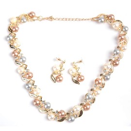 Salmue Conjunto de aretes de Collar con Perlas de imitación para Mujeres, Conjunto de joyería Nupcial con Diamantes de imitación para el Día de la Madre (Oro)