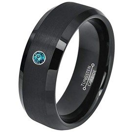 0.07ct Blue Diamond Tungsten Ring - April Birthstone - 8MM Dome Black Ion-plated Flat Brushed Finish Center Beveled Edge Comfort Fit Unisex Wedding Anniversary Band -11