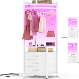 Cyclysio Corner Clothes Rack, 70'' Tall Corner Closet with Power Outlets & LED Lights, 4 Tier Garment Rack with 3 Drawers & 4 Hooks, Small Clothing Rack with Hanging Rack for Small Spaces, White