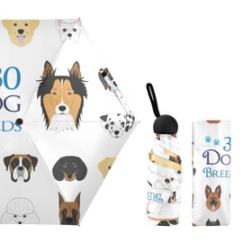 Different Cartoon Dog Breeds Heads Faces Seamless on White Small Mini Anti-UV Compact Travel Umbrella, 5 Folding Ultra-Light Umbrella, 6 Ribs Pocket Windproof Foldable Vinyl Parasol