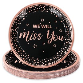 JarThenaAMCS We Will Miss You Paper Plate Black Rose Gold Foil Farewell Disposable Dinner Plate 7 Inch Dessert Plate For Going Away Goodbye Retirement Party Supplies, 24Pcs