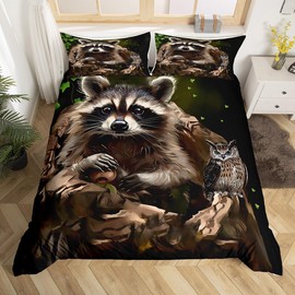 Raccoon Duvet Cover Cute Animal Theme Bedding Set Owl Pattern Comforter Cover for Boys Girls Kids Room Decor Wildlife Style Bedspread Cover Nature Full Size with 2 Pillow Case