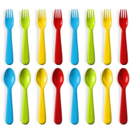 Plaskidy 16 Pc Plastic Toddler Utensils Set - 8 Kids Forks & 8 Kids Spoons, BPA Free/Dishwasher Safe, Brightly Colored Silverware, Great for Toddlers