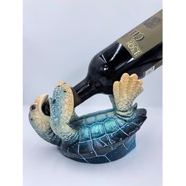 VVGIFTS Decorative Sea Turtle Wine Bottle Holder, Coral Reef Design, Aqua Blue and White, Nautical Coastal Decor (Blue)