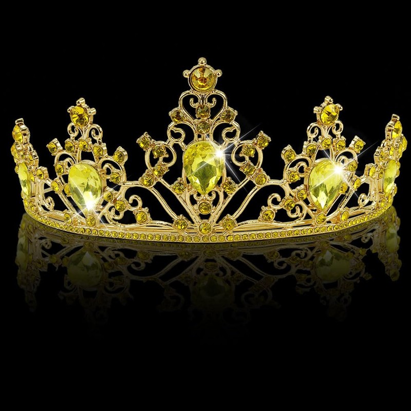 AHONEY Gold Crown Tiara for Women - Yellow Crystal Rhinestone